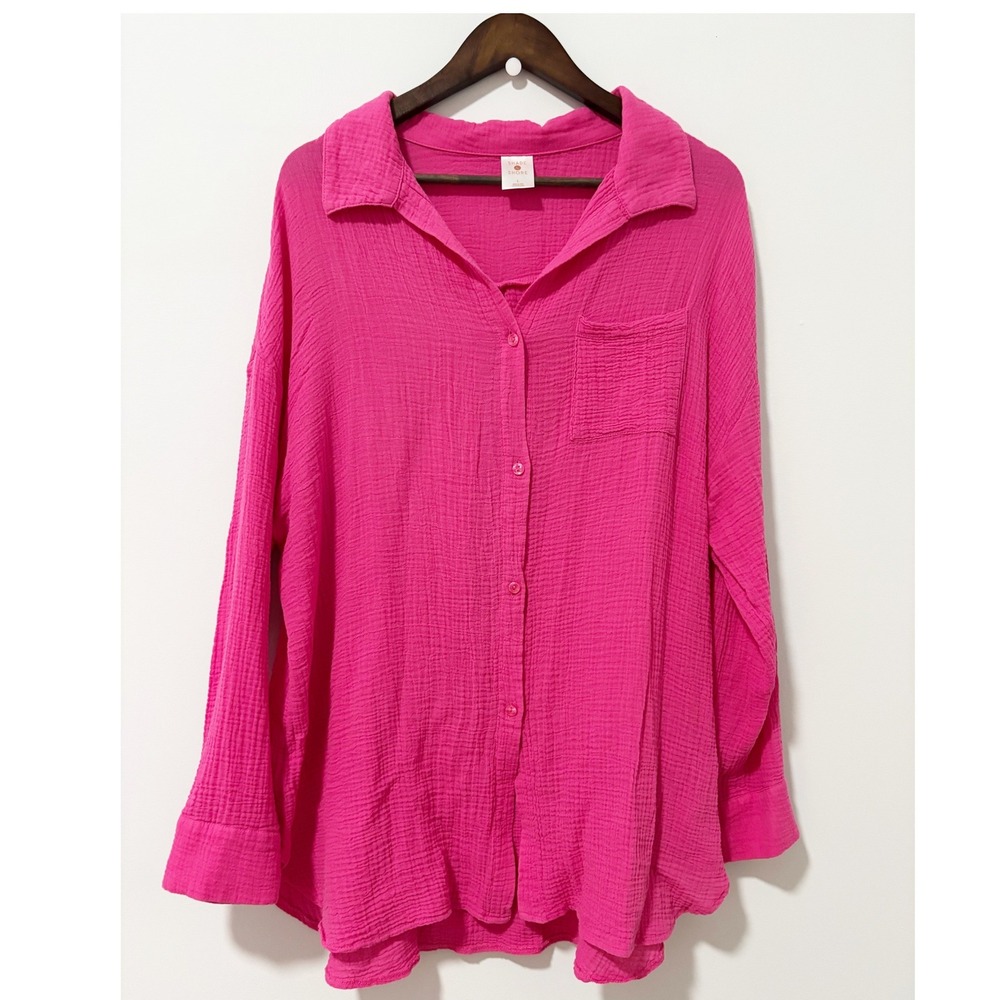 Shade & Shore Button Down Women Large Pink Gauze Cotton Long Sleeve Cover Up